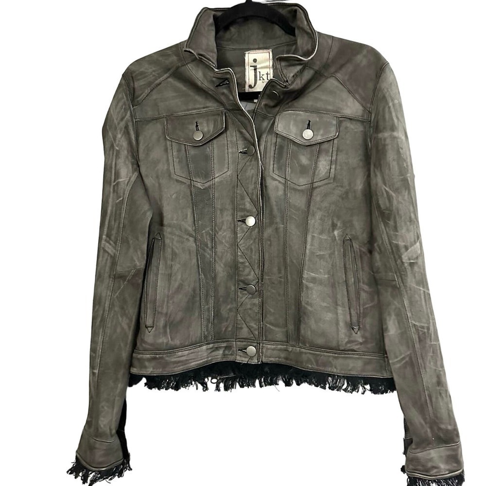 JKT NYC Jakett Alexa Patina Leather Jacket Frayed Fringe Hem Gray - Small